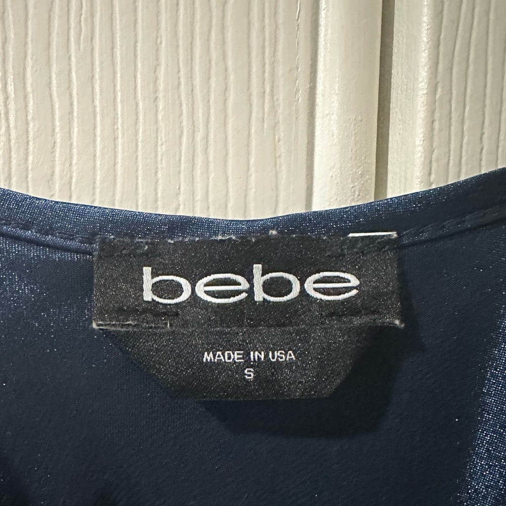 Bebe thin strap, navy blue silk dress, knee length with cowl neck - Picture 4 of 5